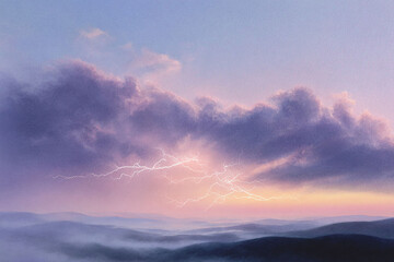 Fototapeta premium Mystical landscape with striking lightning bolts illuminating layered hills under a dramatic sky. Evokes power, change, and the beauty of natures forces.