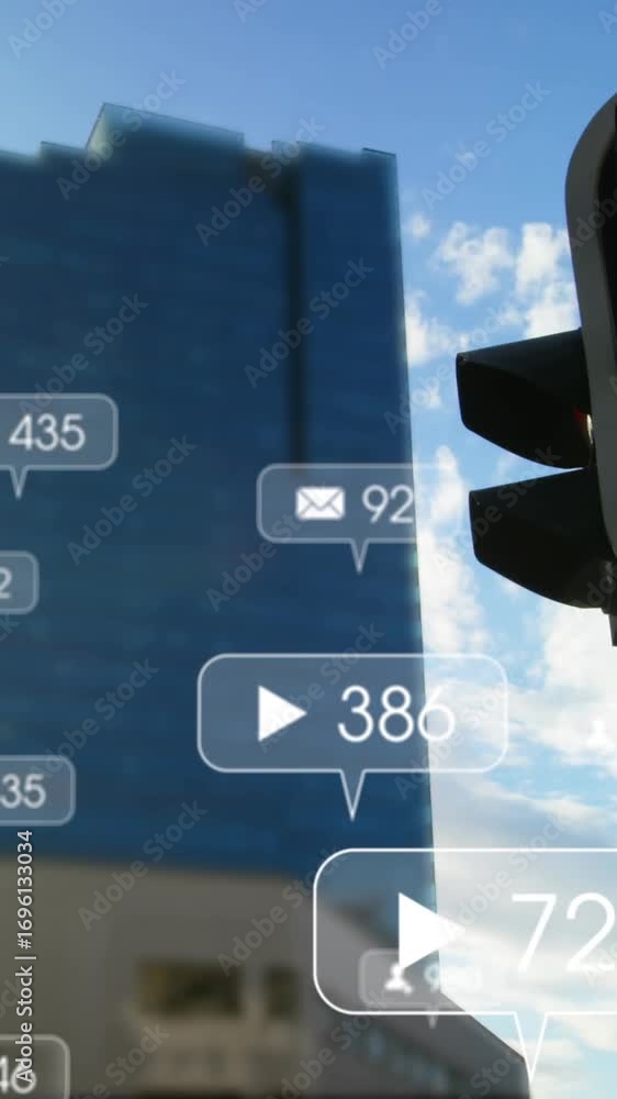 Poster animation of notification icons with numbers over traffic signal changing lights in city