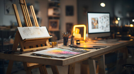 Artists Creative Workspace: Easel Color Palette Brushes and Digital Design in Warm Light.