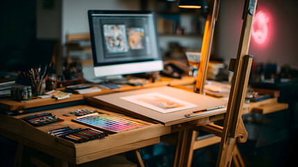 Artists Workspace: Warm Light Illuminates a Creative Haven with Vibrant Art Supplies.