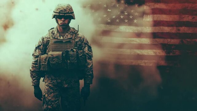 Male soldier in uniform standing before American flag