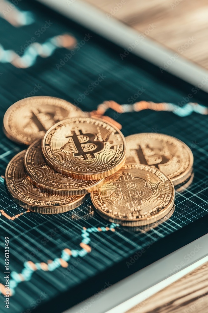 Poster golden coins rest over digital screen depicting currency values data for finance industry concerning