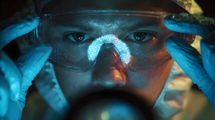 Microscopic Revelation: Scientists Intense Focus Under Glowing Blue Light.