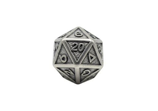 Metal D20 Dice Detailed Etched Design for RPG Games and Tabletop Gaming isolated on transparent background