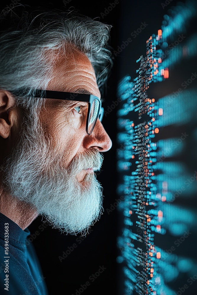 Poster bearded man analyzes digital screen with cryptocurrency data. trader studies market trends for digit