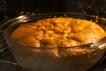 Close up shot of the baked pie in the oven. Food