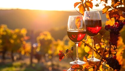 Two wine glasses, filled with red liquid, are set in a vibrant vineyard at golden hour. Autumn leaves surround them, with grapes and sunlight creating a romantic scene.