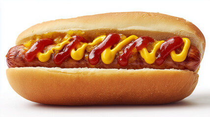 Hot dog in bun with mustard and ketchup