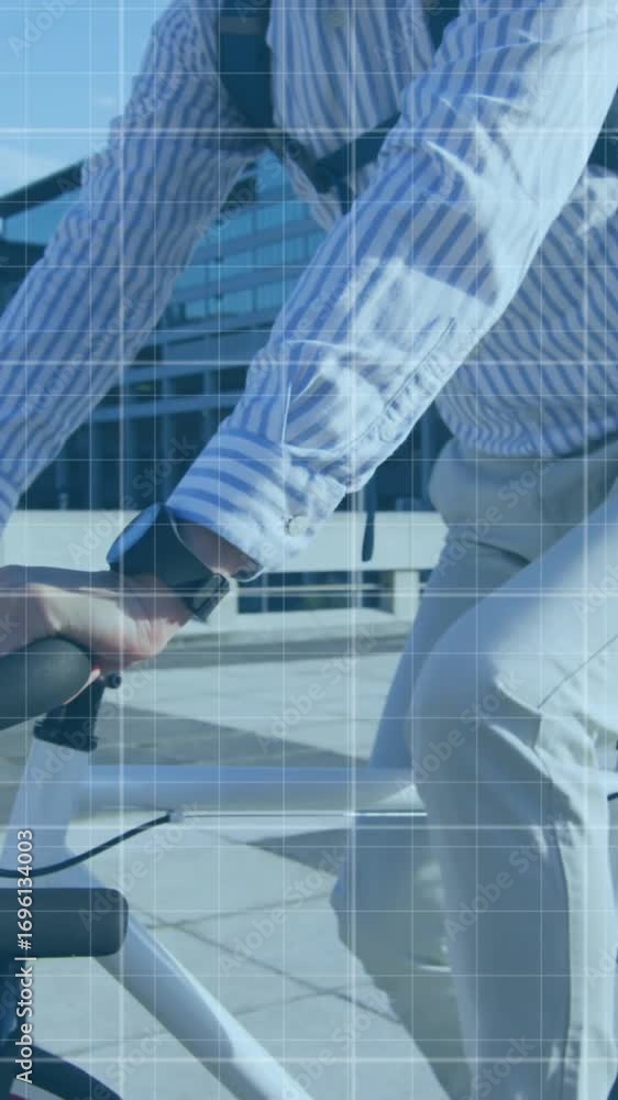 Poster animation of financial data processing with lines over businessman on bike
