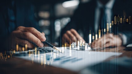 Businessman Analyzing Financial Data with Pen and Calculator in Office with Digital Graph in Background