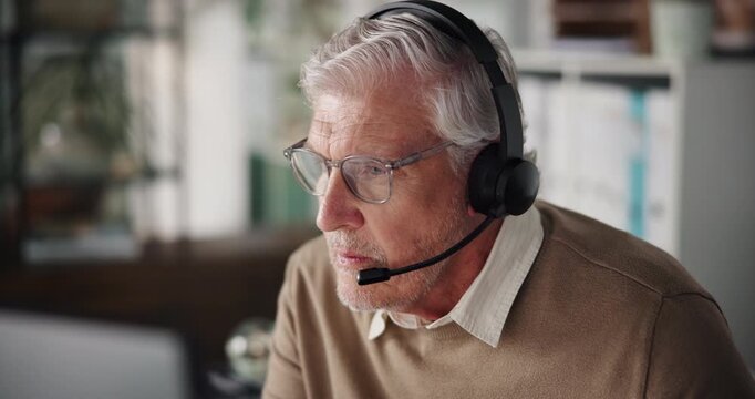 Businessman, computer and headset at office, confused and customer service at investment agency. Mature person, perspective and broker with thinking, contact us and problem solving at help desk