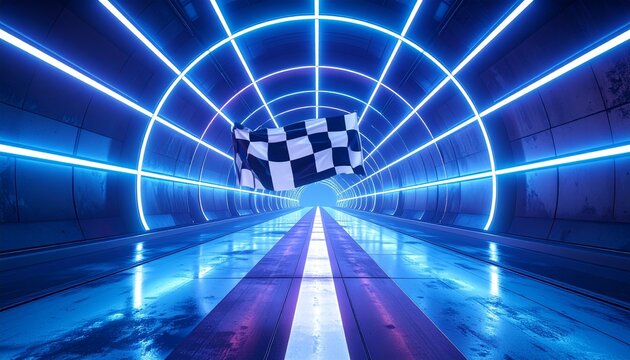Checkered flag waving in futuristic neon-lit tunnel - Powered by Adobe