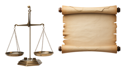 Scales of justice with blank scroll for legal concept design