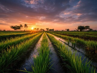 Obraz premium Lush rice paddies at sunset