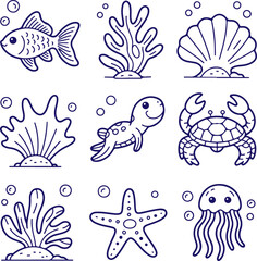 Cute Cartoon Sea Creatures and Underwater Life Collection - Vector Art