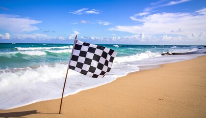 Checkered flag waving on ocean shore