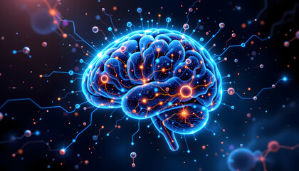 Fototapeta premium Glowing Digital Brain with Neural Network Visualization