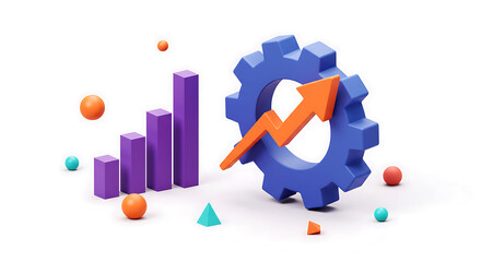 Blue gear with orange arrow graph and purple bars on white background cogwheel