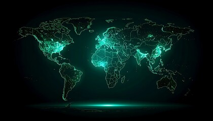 A glowing, digital representation of the Earth, rendered with a neon-green outline of continents, highlighting population centers with bright points. 