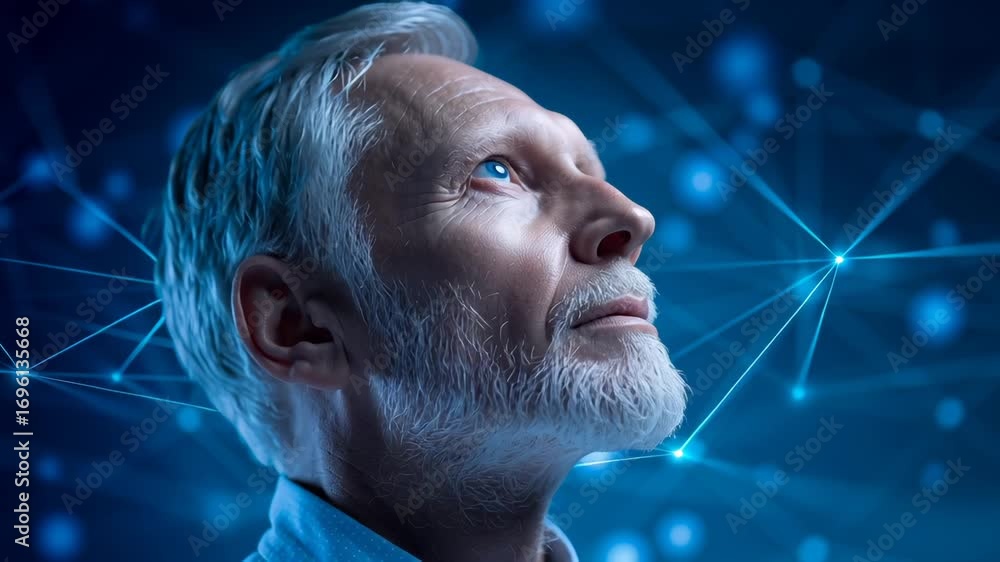 Poster experienced professional with white beard gazing thoughtfully against luminous digital network backg