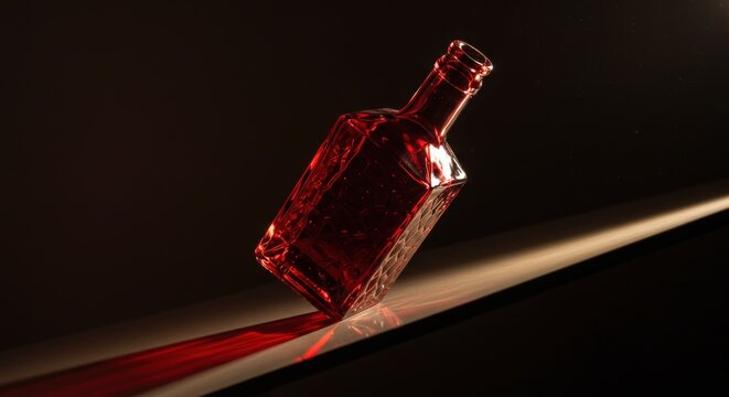 Red Glass Bottle with Shadow on Black Background.