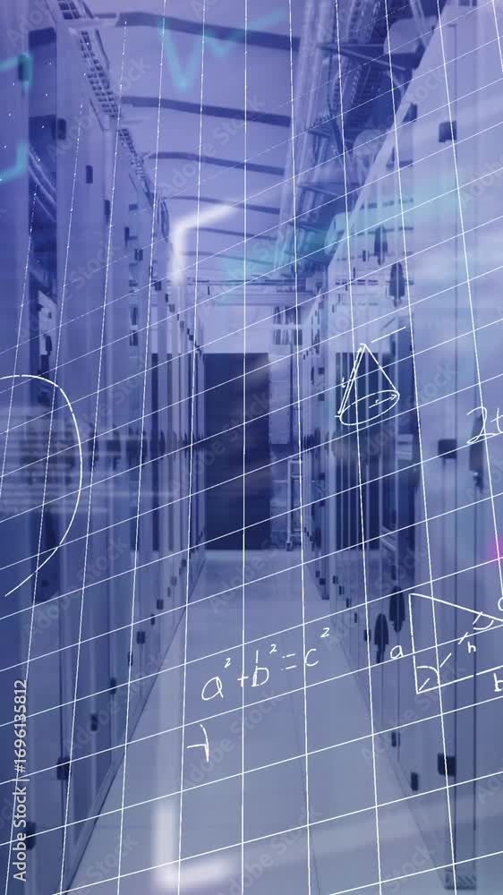 Poster animation of interface with data processing and mathematical equations against server room