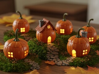 A whimsical autumn scene featuring glowing pumpkin houses nestled in mossy paths with scattered fall leaves on a wooden table, creating a cozy ambiance.