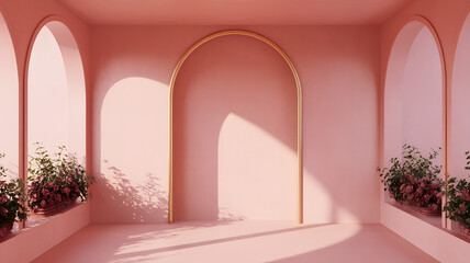 Fototapeta premium Golden arch in pink hallway with soft sunlight and floral windows