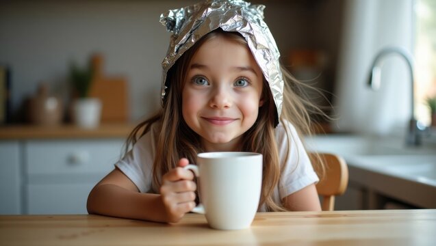 
Hermosa niña con cabello desordenado envuelto en papel de aluminio, haciendo una divertida cara de sorpresa mientras sostiene una taza de café