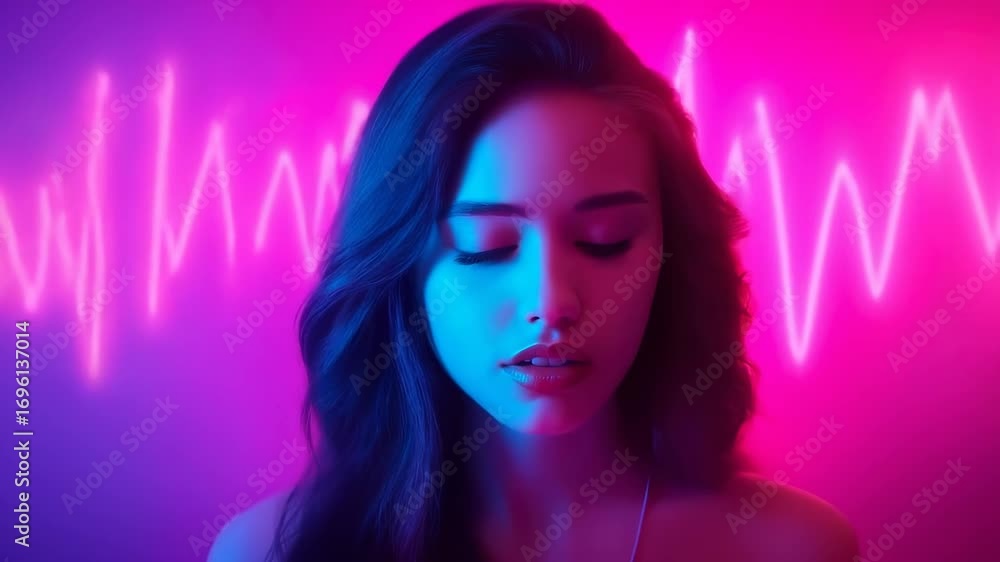 Poster artistic portrait capturing sensory experience with dynamic neon sound wave visualization surroundin