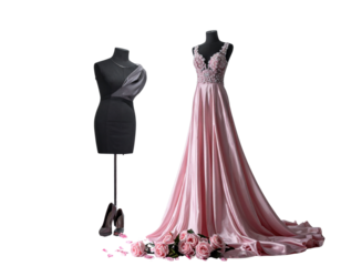 Elegant Pink Evening Dress with High Heels and Roses PNG