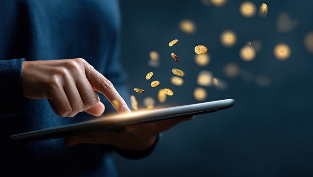 Person using tablet, coins appearing