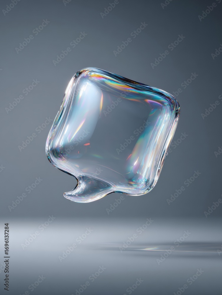 Poster floating transparent speech bubble with iridescent reflections in a minimalist setting