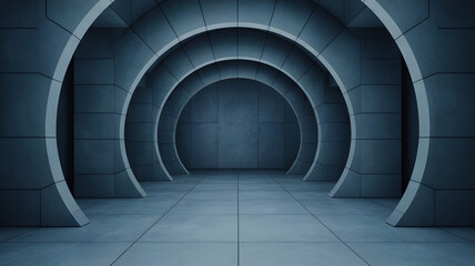 Fototapeta premium Futuristic tunnel interior with geometric arched design in blue gray tones