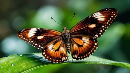 Fototapeta premium Brown and White Butterfly Wings on Green Leaf