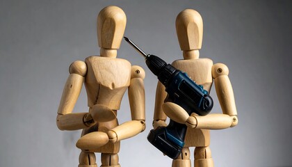 Two wooden articulated figures, one holds a cordless drill as if working. Set against a blurred gray background. Suggests collaboration or a concept of manual labor