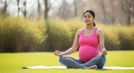 indian pregnant woman sitting on mat in green park and practices yoga meditation with wearing tank top and leggings