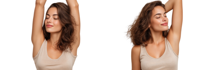Beautiful young woman with clean and fresh skin isolated on transparent background showing armpit with depilation result