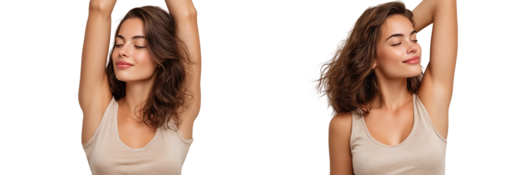 Beautiful young woman with clean and fresh skin isolated on transparent background showing armpit with depilation result