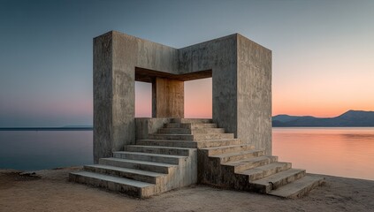 Abstract Concrete Structure by Water at Sunrise