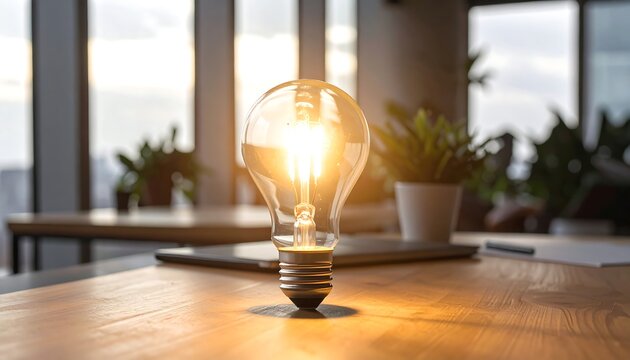 A glowing light bulb, the focal point of an office desk scene, radiating brightness. Sunlight streams through a window, casting natural light. Interior scene, with blurred background. - Powered by Adobe