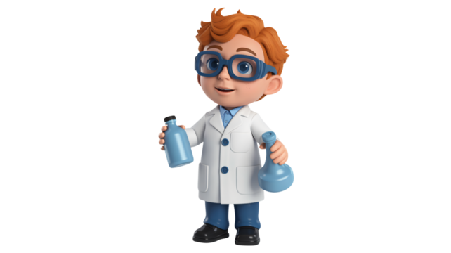 Cartoon scientist ready for lab experiments with lab coat