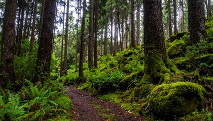 Fototapeta premium A lush forest scene with a path winding through towering trees, moss-covered ground, and vibrant green foliage