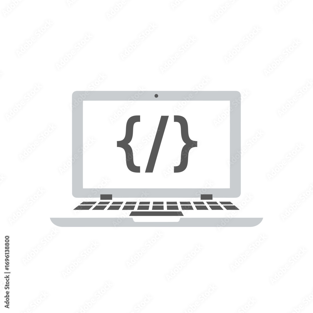 Poster a laptop displaying code symbols on its screen, rendered in a flat, minimalist style.