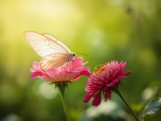 Obraz premium Green Background, White Butterfly, Pink Watermelon Flower