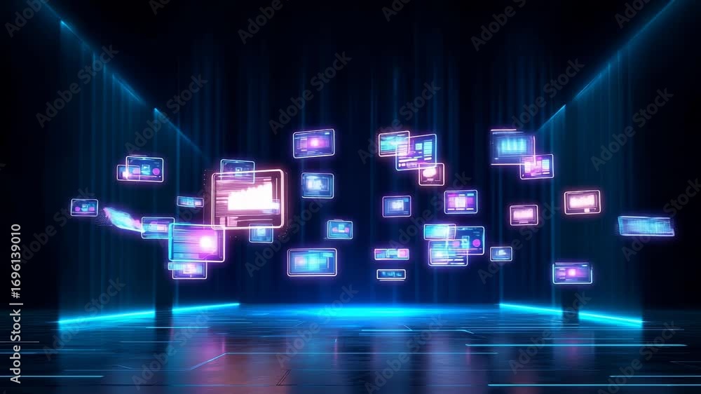 Poster expansive cybernetic landscape featuring multiple translucent computer screens suspended in dark tec