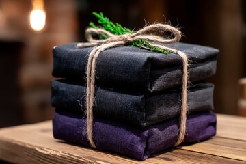 Wrapped gifts stacked on a rustic wooden table with greenery accent in a cozy indoor setting during evening hours