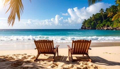 Two wooden beach chairs invite relaxation on a tropical shore. The bright blue ocean meets a pristine sandy beach, with palm trees framing a lush, green island under a sunny sky with puffy clouds.