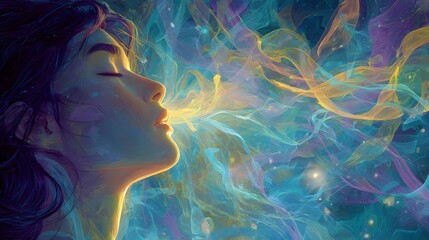 Expansive creative image of a synesthetic experience featuring a woman whose perception of music as swirling, luminous colors creates a captivating and dreamlike atmosphere.