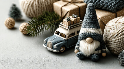 Fototapeta premium Christmas gnome with a toy car and presents